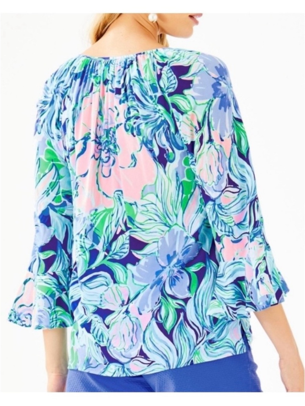 Lilly Pulitzer Willa Top XS Blue Pink Floral Flounce Sleeve Blouse - Picture 2 of 7